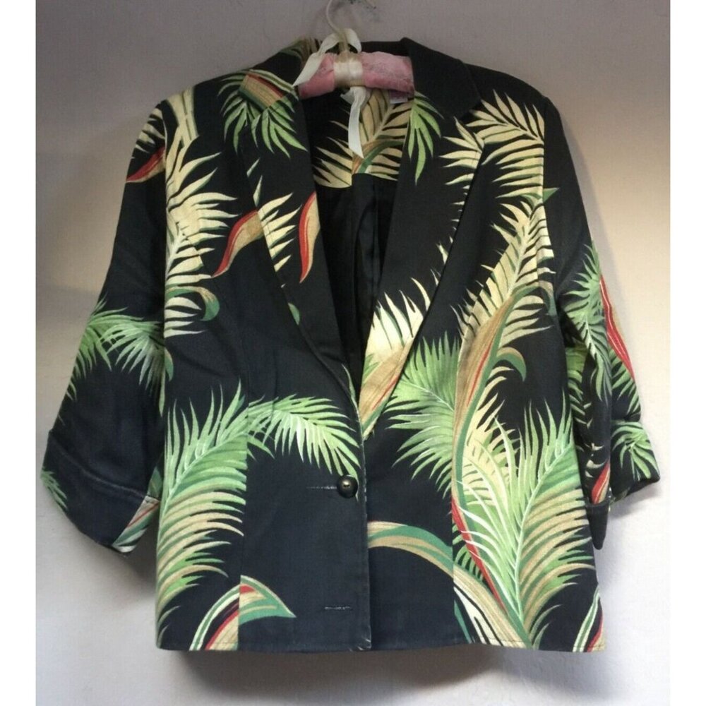 Vintage Painted Pony Women Medium Palm Leaf Print Button Front Blazer Blue/Green